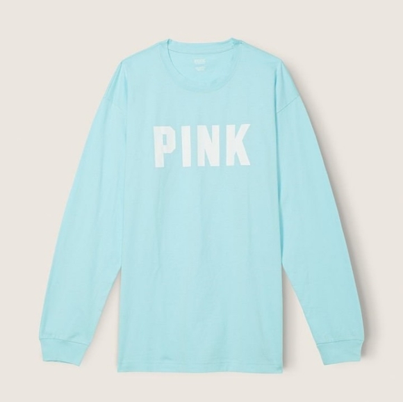 VS PINK Blue Breeze Classic White Logo Long Sleeve Campus Tee Oversized XL NEW - Picture 2 of 9